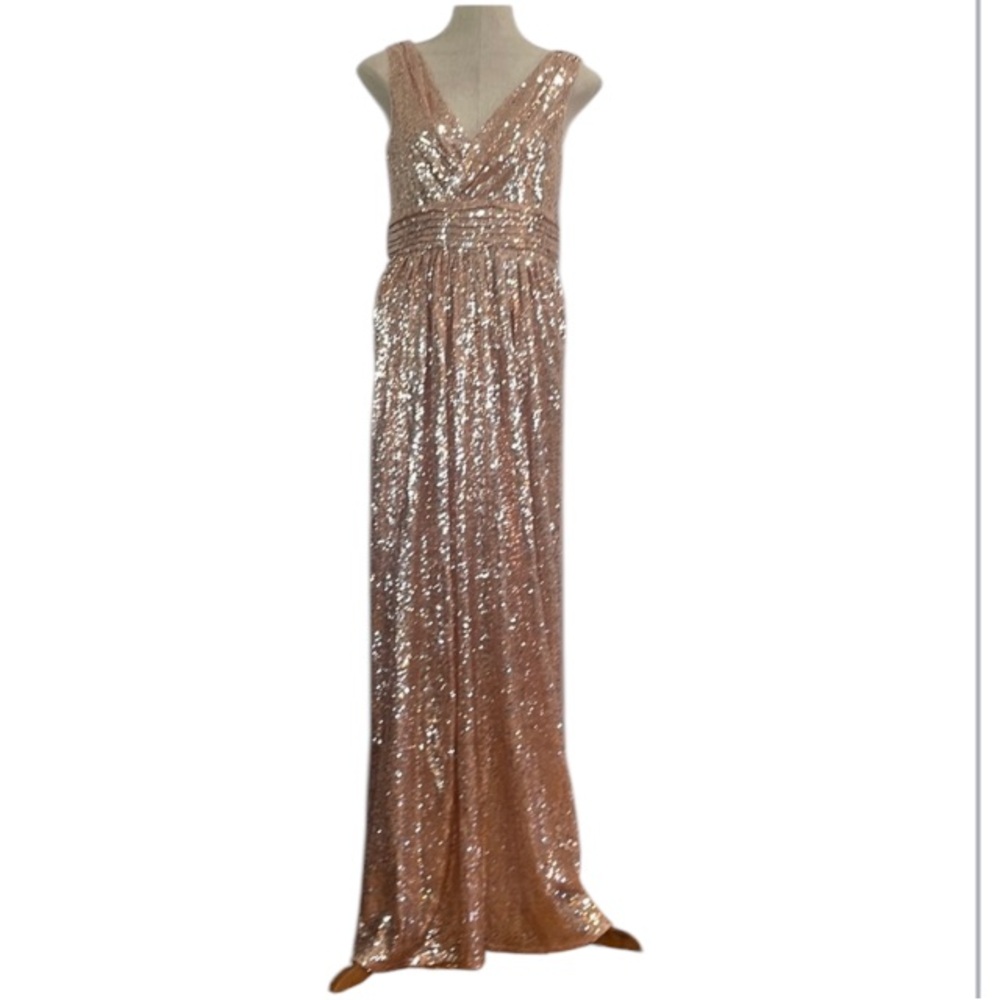 Kate Kasin evening gown sequin V-neck maxi dress rose champagne women size 8